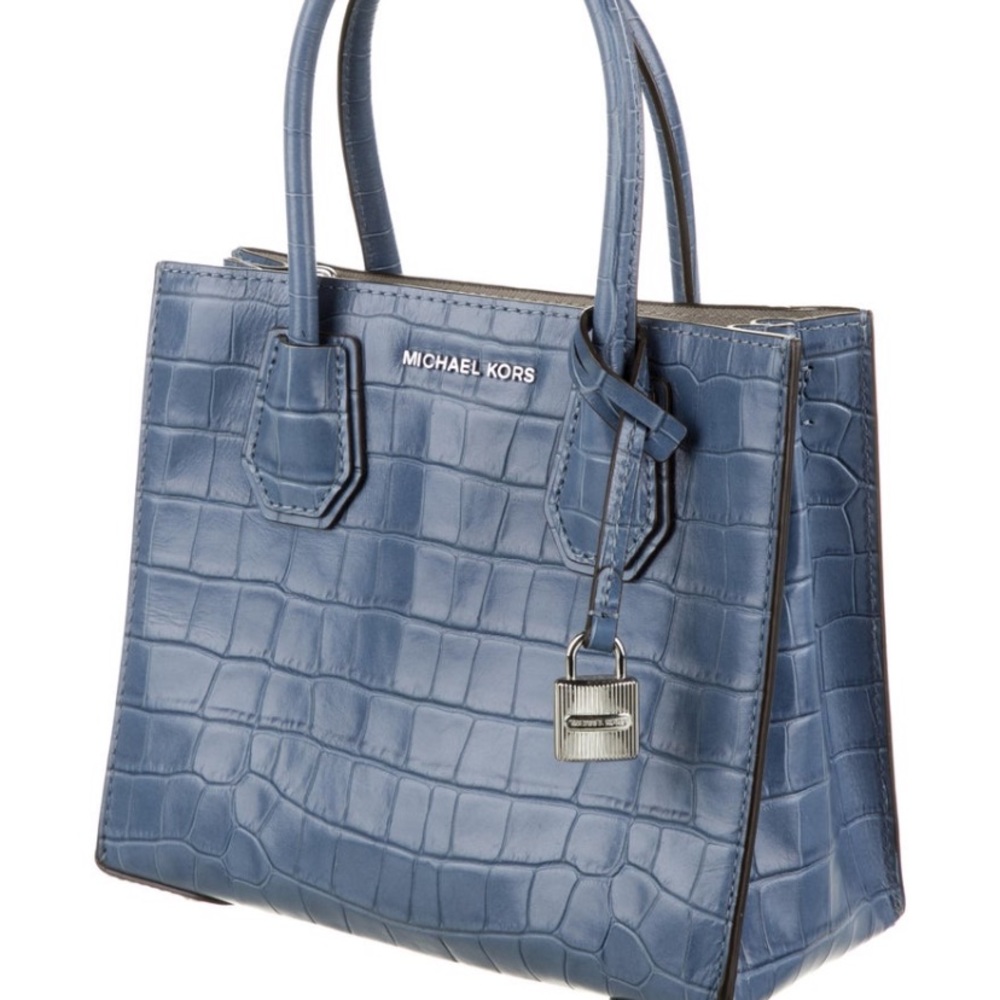 Blue leather Michael Kors embossed mini handle bag